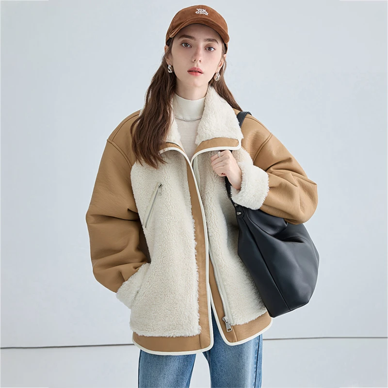 VEGA CHANG2025年秋冬款仿羊羔毛外套短毛绒拼接皮毛一体019043