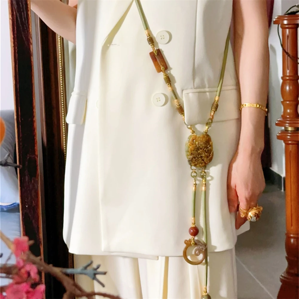 天玺•原创设计珠宝•黄加绿龙凤呈祥老料翡翠加环形龙坠斜跨链