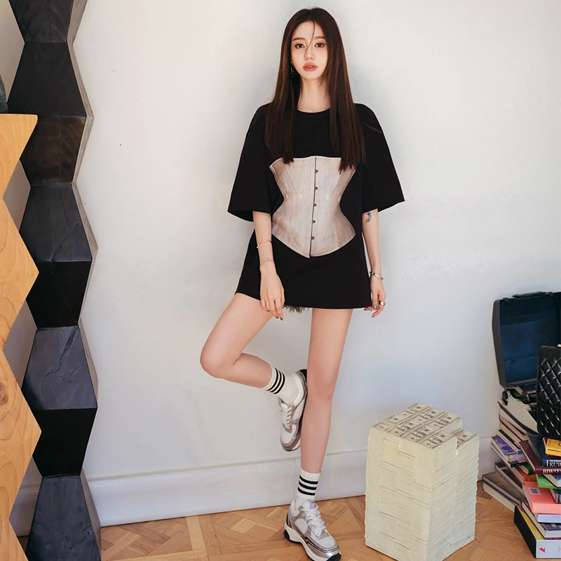 Marc Moore新款时尚宽松设计感法式腰封印花圆领显瘦室内T恤