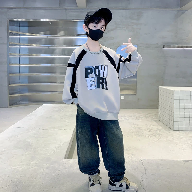 撞色韩版休闲中大童装男童2025新款圆领秋装男孩帅气衣服秋冬款