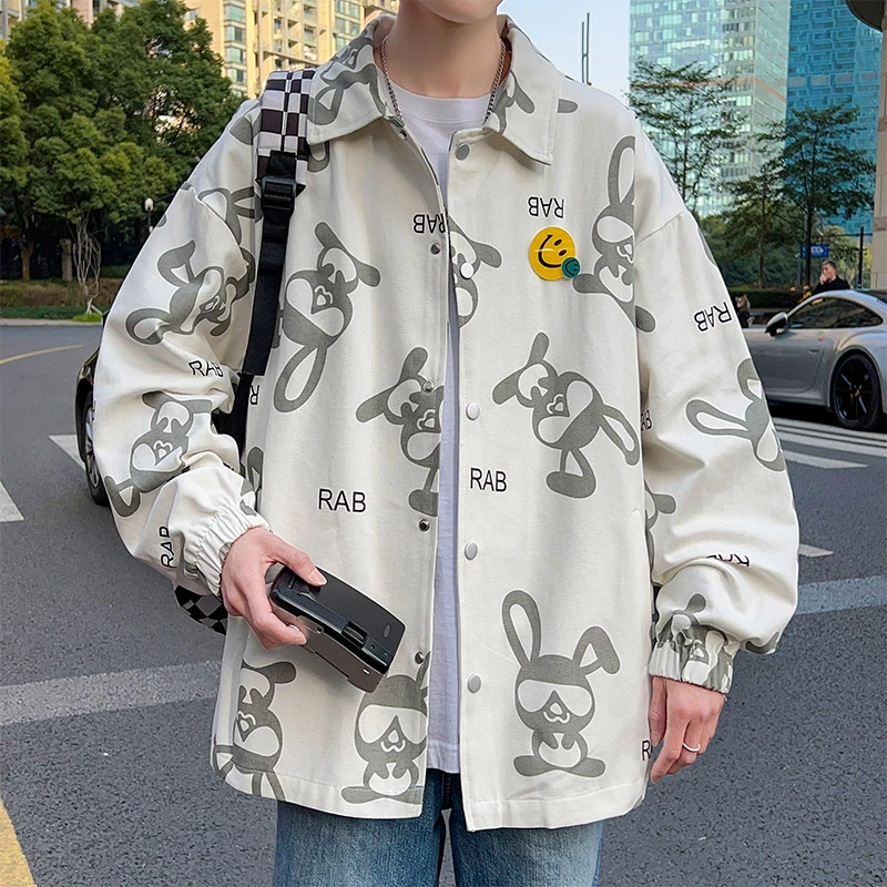 青少年大童衬衫男卡通印花学生春季长袖宽松港风ins百搭休闲衬衣