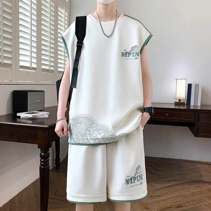 夏季薄款背心运动男孩15青少年学生宽松帅气潮流无袖t恤短裤套装