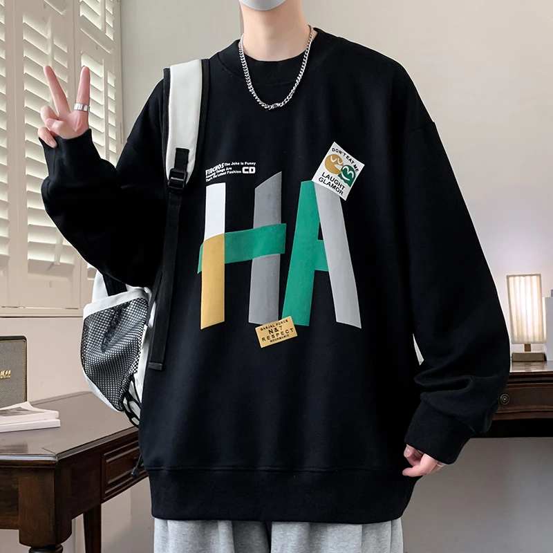 青少年中学生春秋季新款港风宽松潮流圆领长袖打底衫男生休闲卫衣