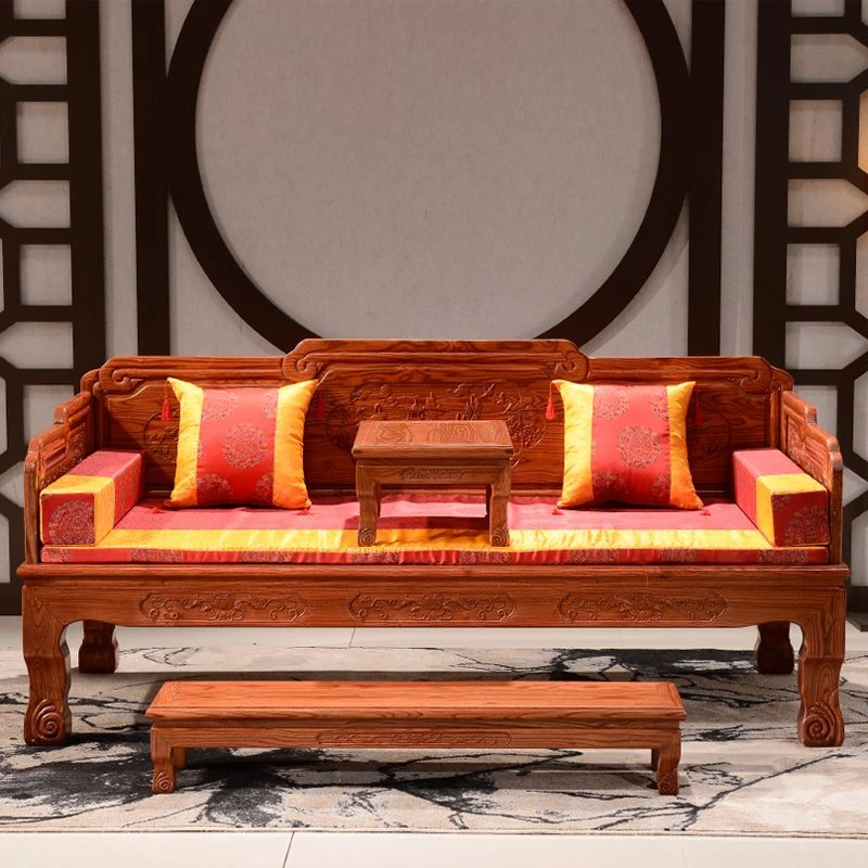【中式木床】中式沙发床罗汉床实木老南榆木时尚复古大气木质雕花款