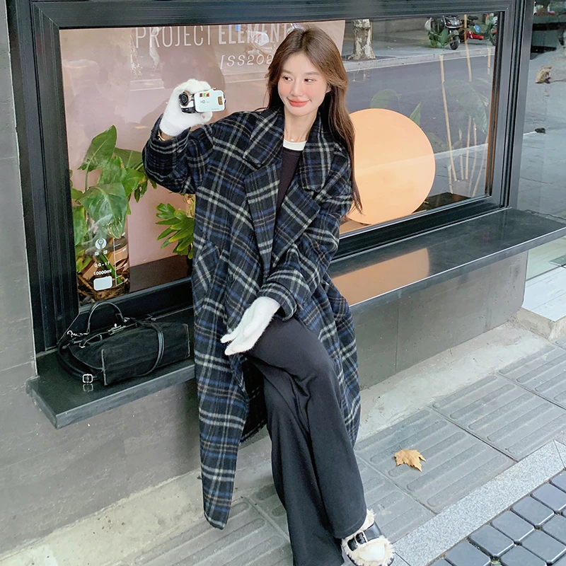 高级感复古格纹双面呢大衣女中长款2024冬季爆款时尚加厚毛呢外套