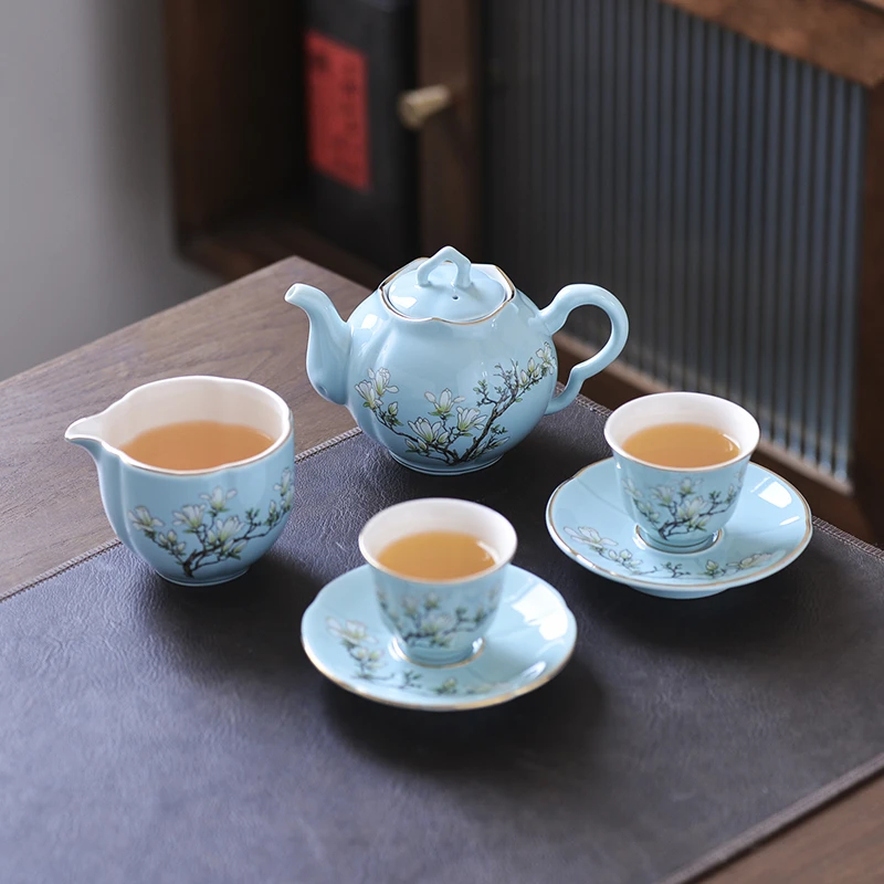 松石绿品茗杯家用功夫茶具玉兰花茶壶茶杯喝茶碗