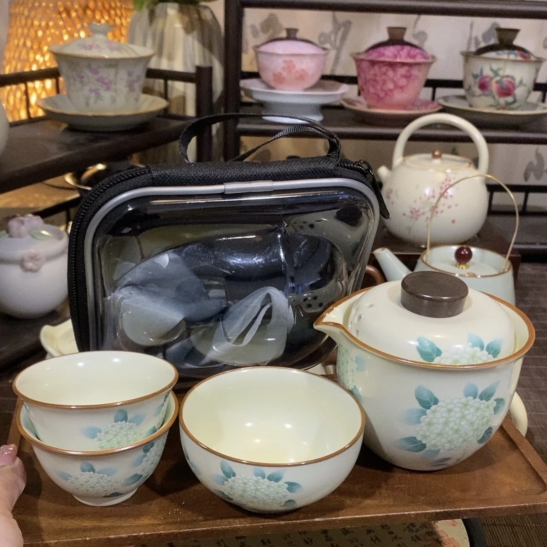 新品瓷泥坊绣球花一壶一主2客杯旅行套装户外家用手抓壶