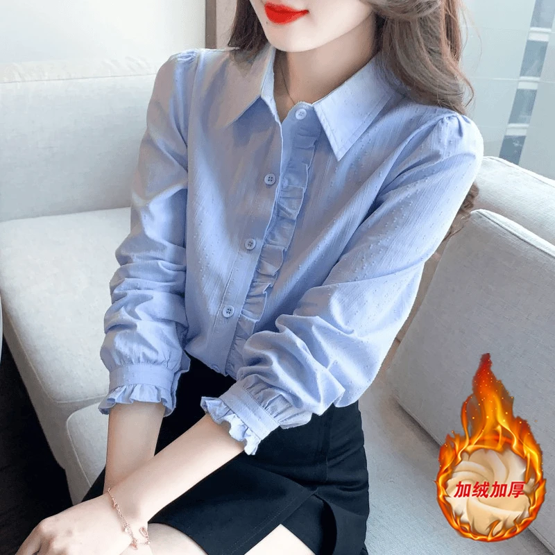 2024年春秋季新款女装时尚百搭纯棉衬衫女洋气全棉polo领长袖上衣