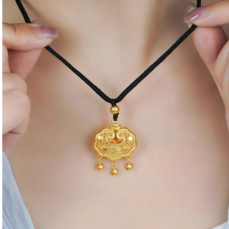 钛钢吊坠 【福韵天玺】平安锁吊坠项链古法金色手工编绳传承可调节