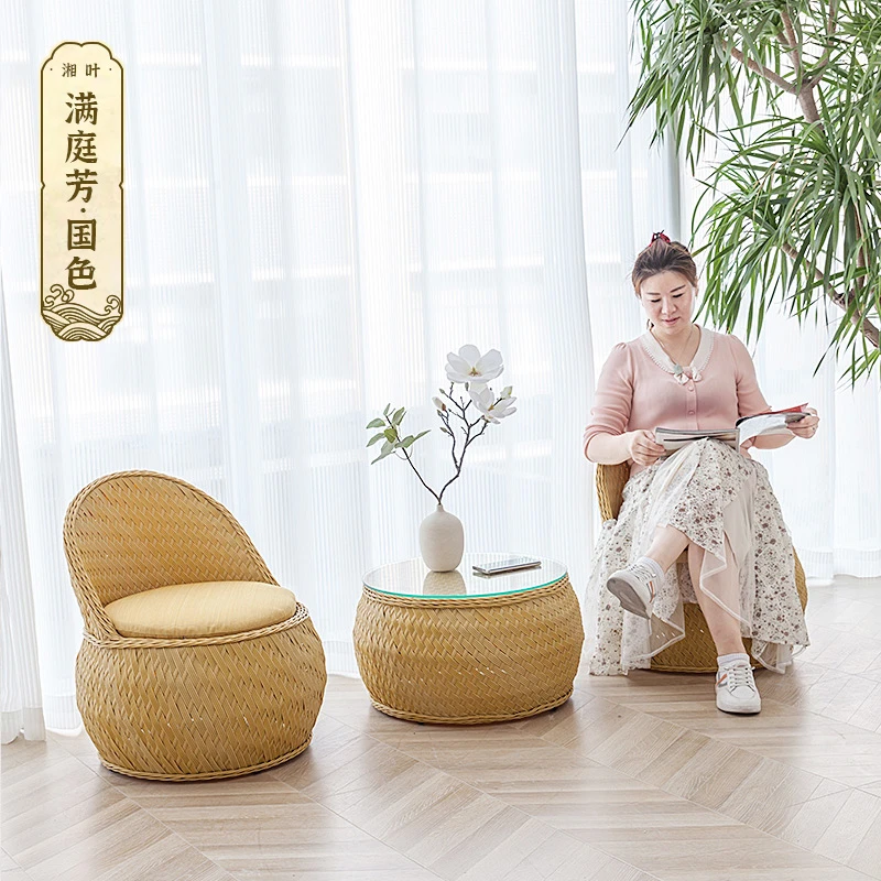 新款创意中式国色手工藤编阳台桌椅五件套客厅家用藤椅茶几三件套