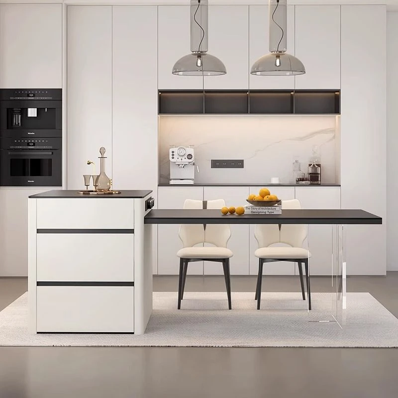 法式岛台奶油小户型伸缩岩板岛台餐桌一体现代家用中岛餐桌椅组合