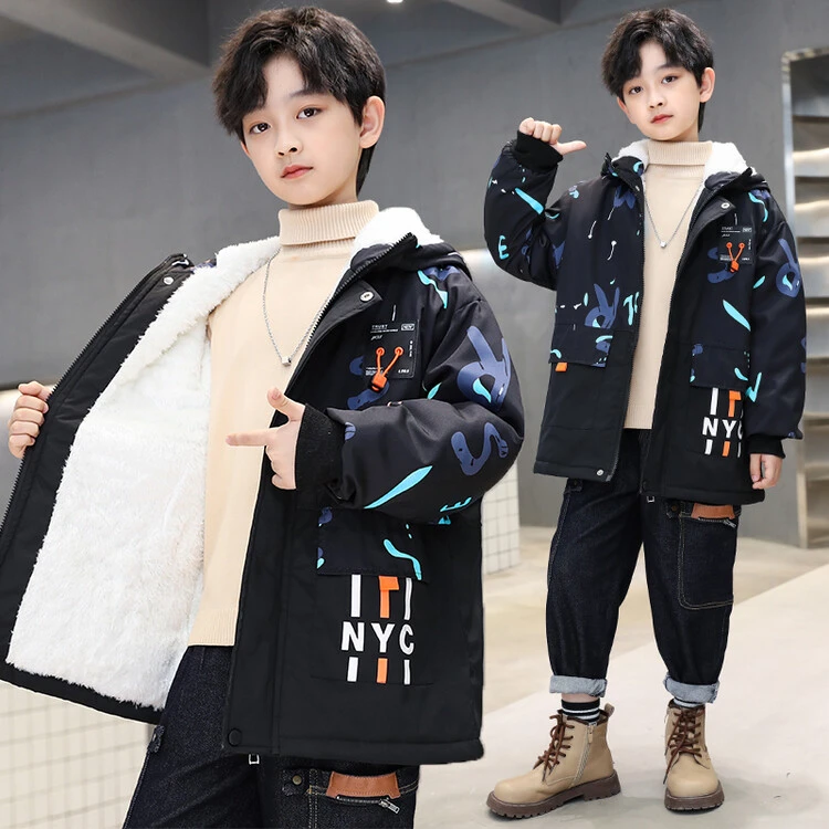 儿童装男童秋冬加绒外套中大童帅气加厚棉服男孩冬季中长款棉袄潮
