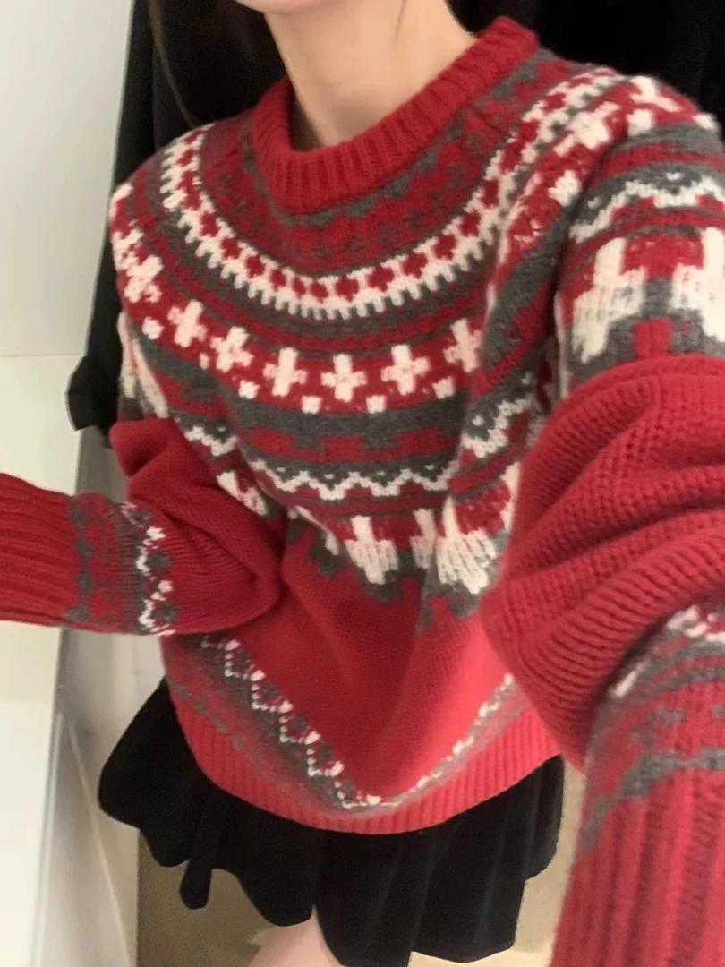 费尔岛古着拼色针织圆领加厚慵懒风羊毛毛衣