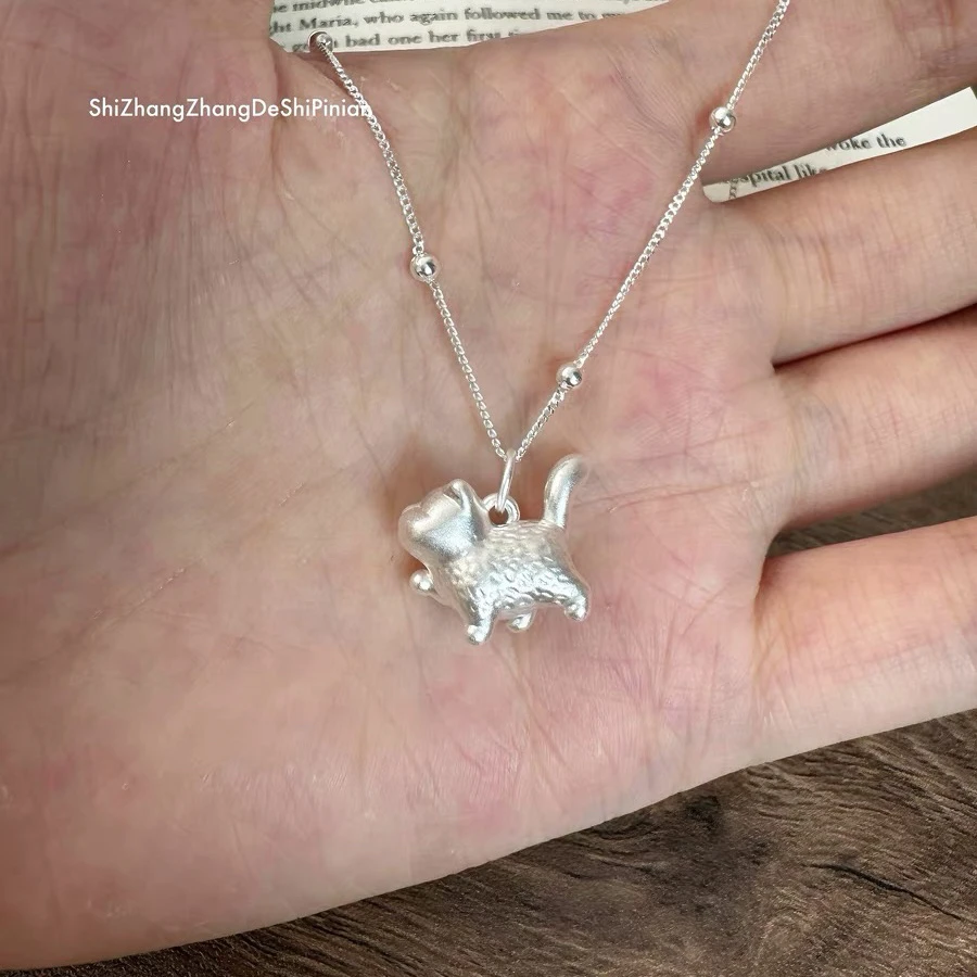 吊坠足银 999足银小胖猫925银链条项链