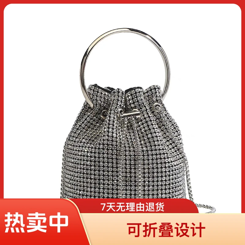 新款水钻包时尚百搭洋气抽绳高颜值圆筒单肩手拎女士斜跨小香风包