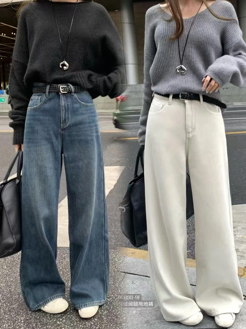94325高货加绒加厚窄版直筒裤高腰显瘦新款百搭加绒窄版直筒裤