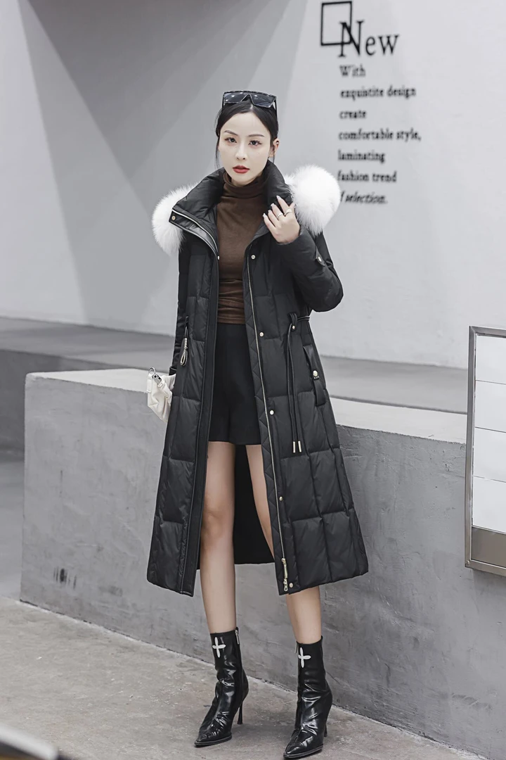 629中长款修身90白鸭绒狐狸毛领过膝羽绒服大毛领加厚冬季保暖