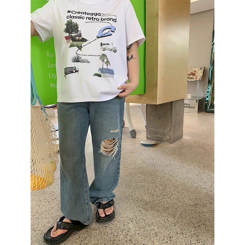 卡卡别吃了 夏季新款辣妹吸睛遮肉显瘦做旧破洞水洗牛仔裤女