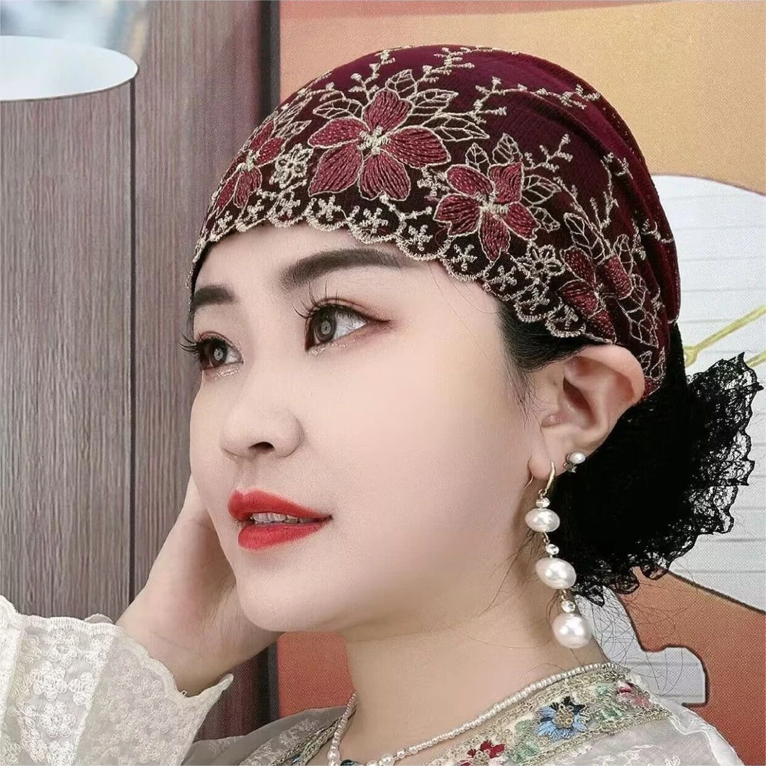 四季刺绣花朵包头帽薄款透气蕾丝盘花帽洋气遮白发时尚居家发带帽