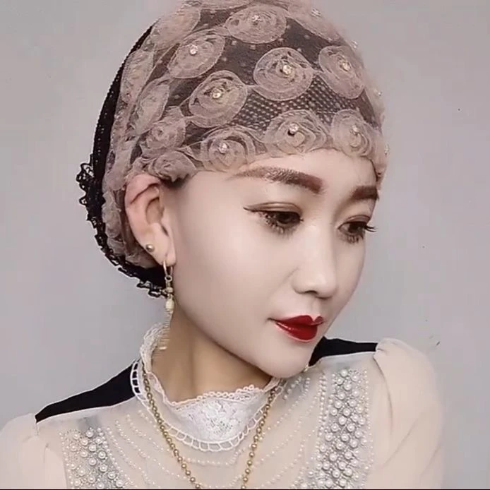 2023新款女士夏玫瑰大花套头家居帽遮白发薄款透气回族防晒包头帽