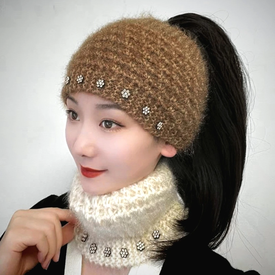 秋冬新款遮白发防寒毛线帽女保暖包头帽宽边护额头时尚针织发带帽