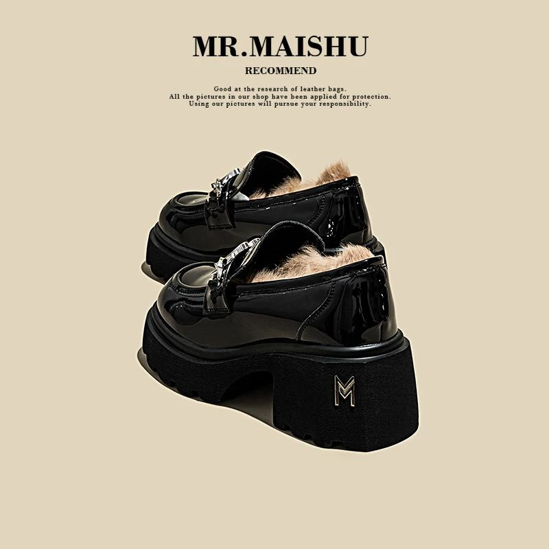 黑色厚底乐福鞋女2025新款冬季加绒毛毛保暖棉鞋英伦风皮鞋C198-1