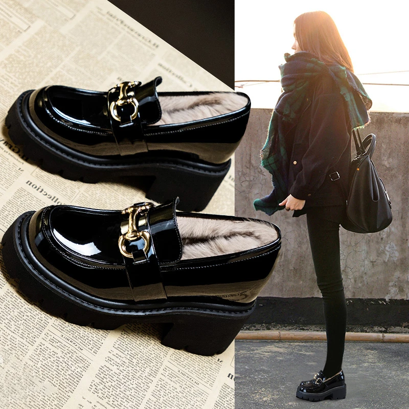 毛毛鞋乐福鞋英伦风加绒小皮鞋女2025冬季新款小个子内增高鞋10cm