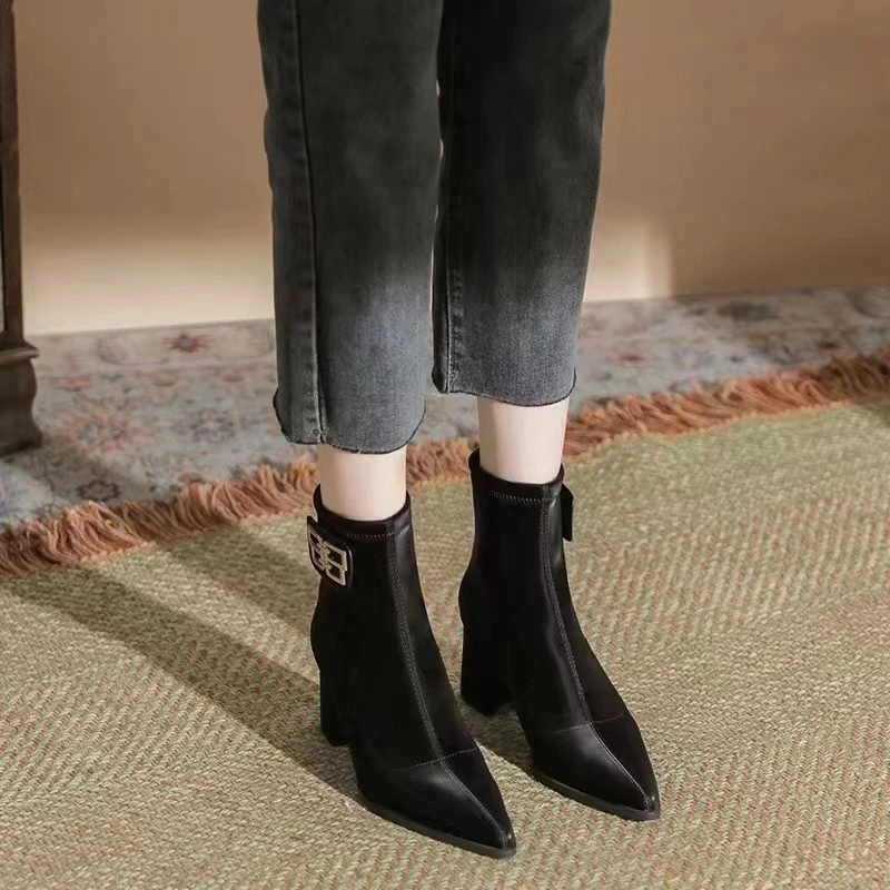 2023新款高丝光气质女靴尖头短靴时尚方根单靴768-9粗跟瘦瘦靴