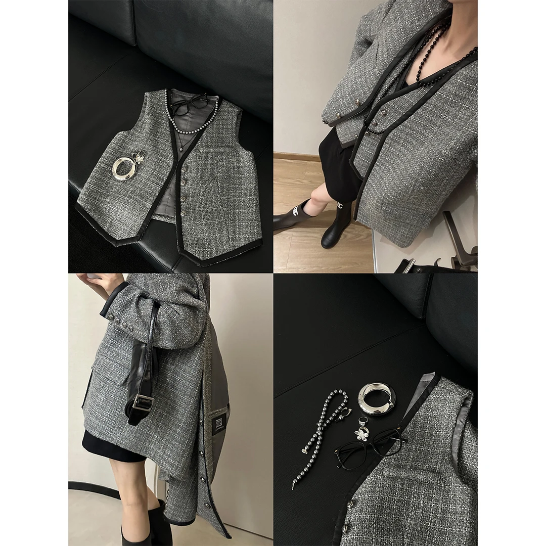 P1008X3373  复古小香风西装马甲两件套套装女秋宽松拼皮外套