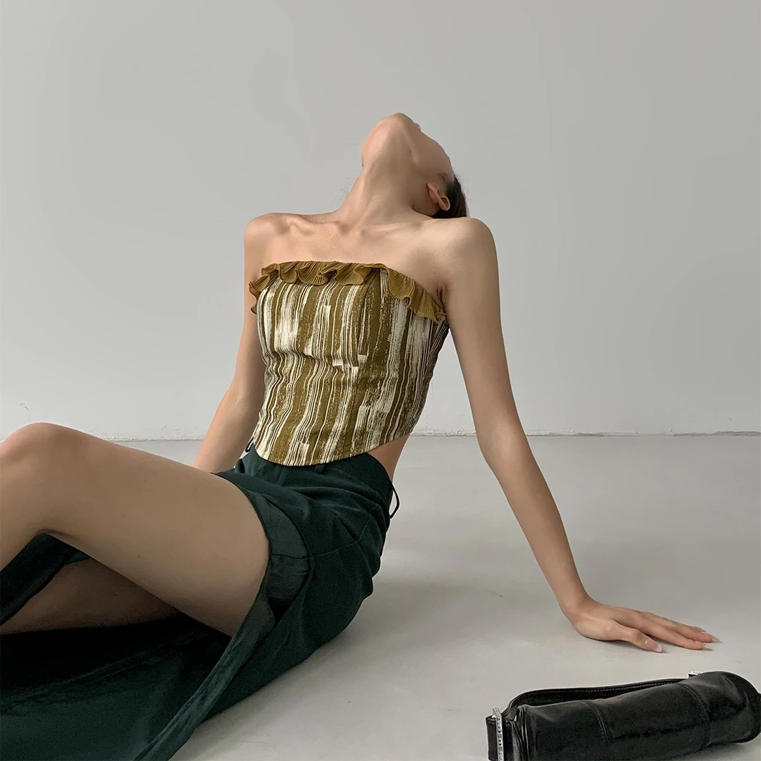 P0630T2169不规则设计修身水墨扎染花边裹胸女外穿上衣08.06抖