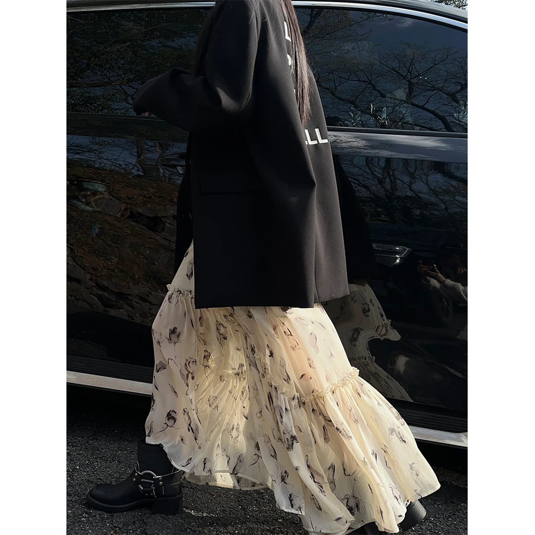 P0402Q3112绑带褶皱连衣裙女唯美感印花裙08.06抖