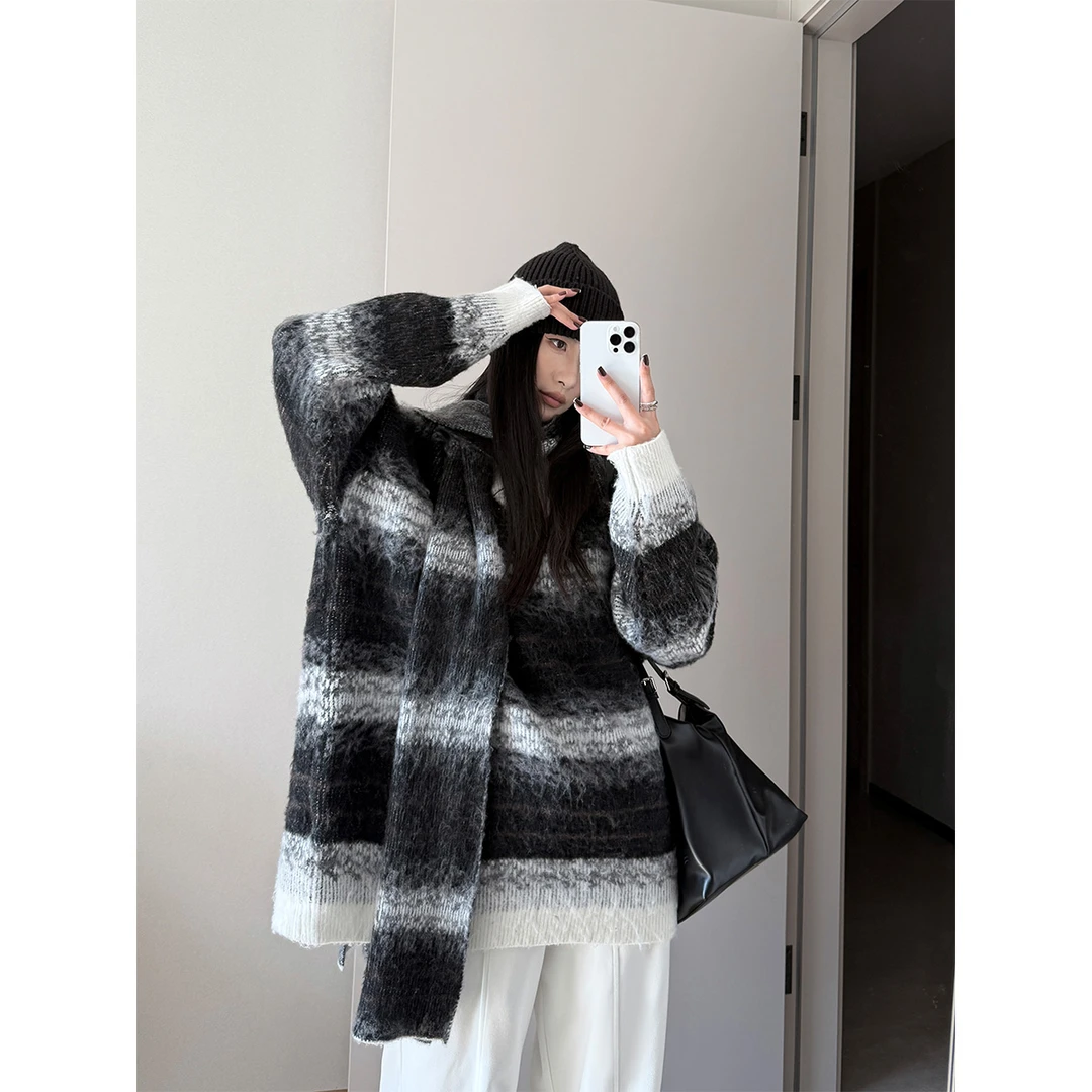 P1209Z3486小众圣诞V领带围巾毛衣秋冬亮色宽松套头针织08.04抖