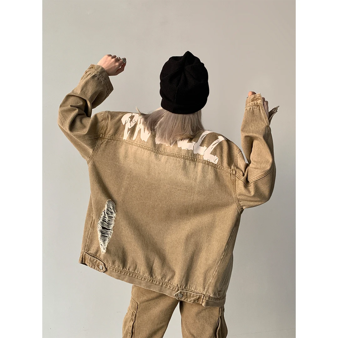 P0810Y2788  春秋美式夹克复古风LOGO做旧牛仔外套 08.03抖