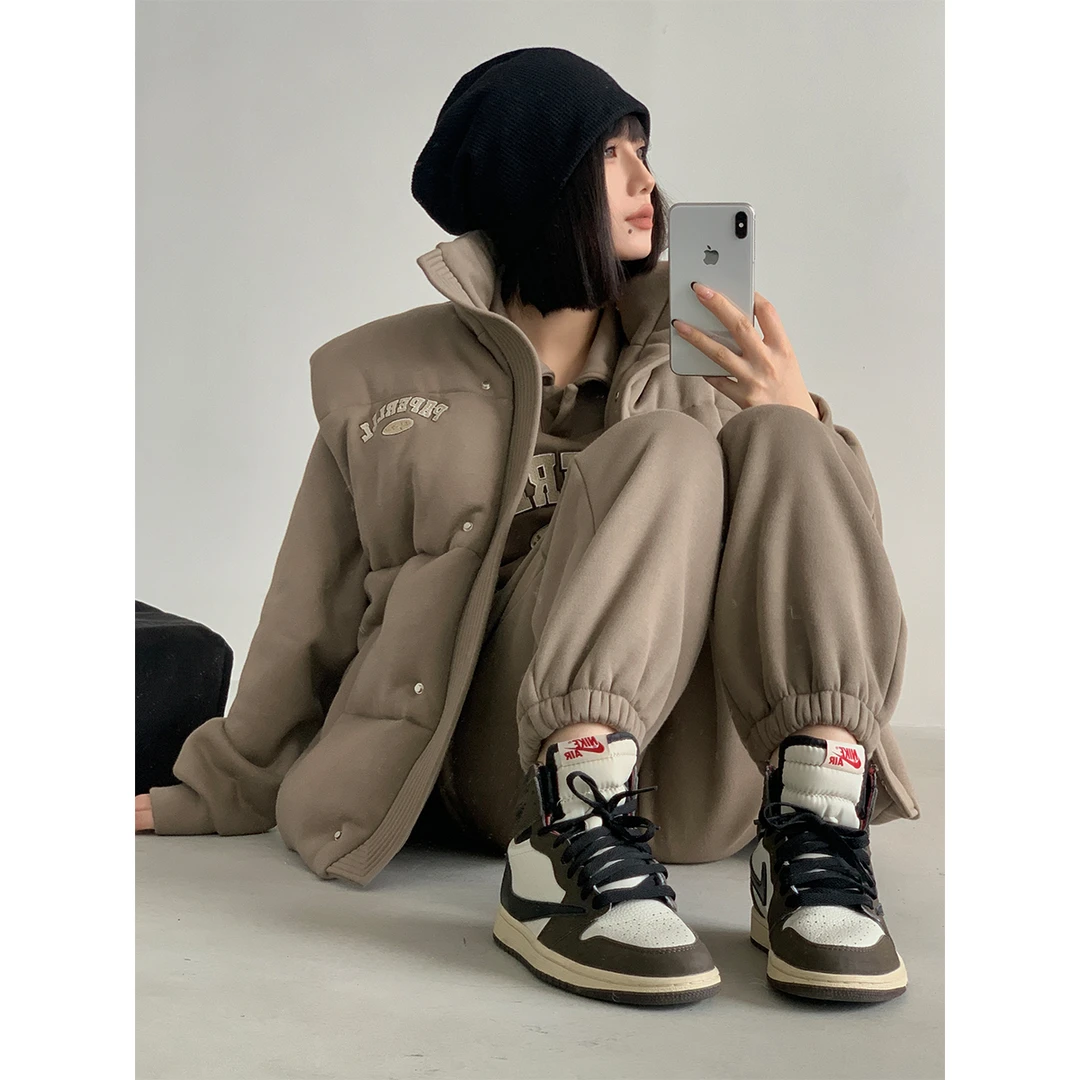 P1210Y2445美式复古加绒卫衣女夹棉无袖马甲束脚卫裤 08.02抖