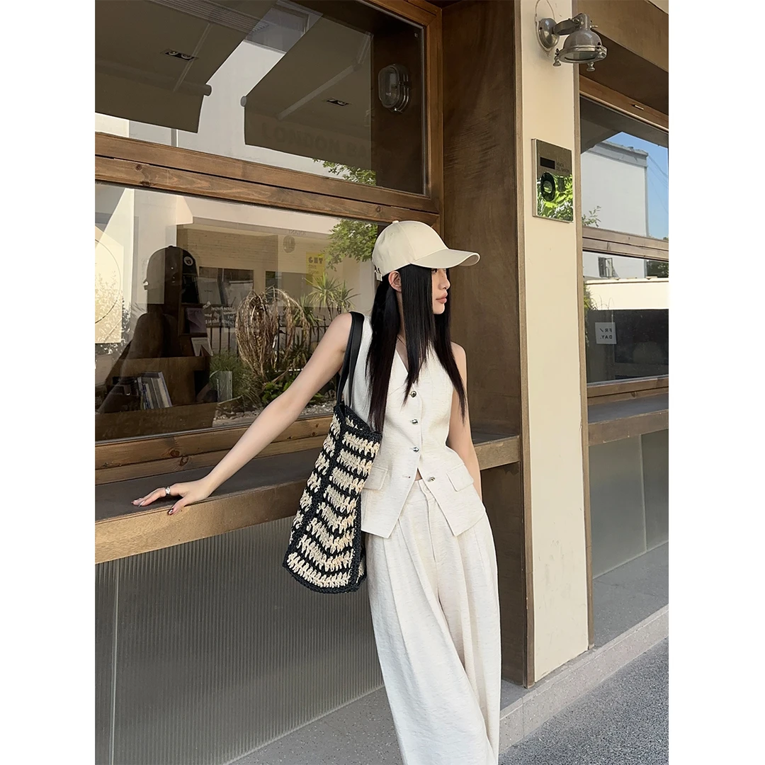 P0608Y3203西装马甲三件套女薄款短袖西服休闲宽松西裤套装