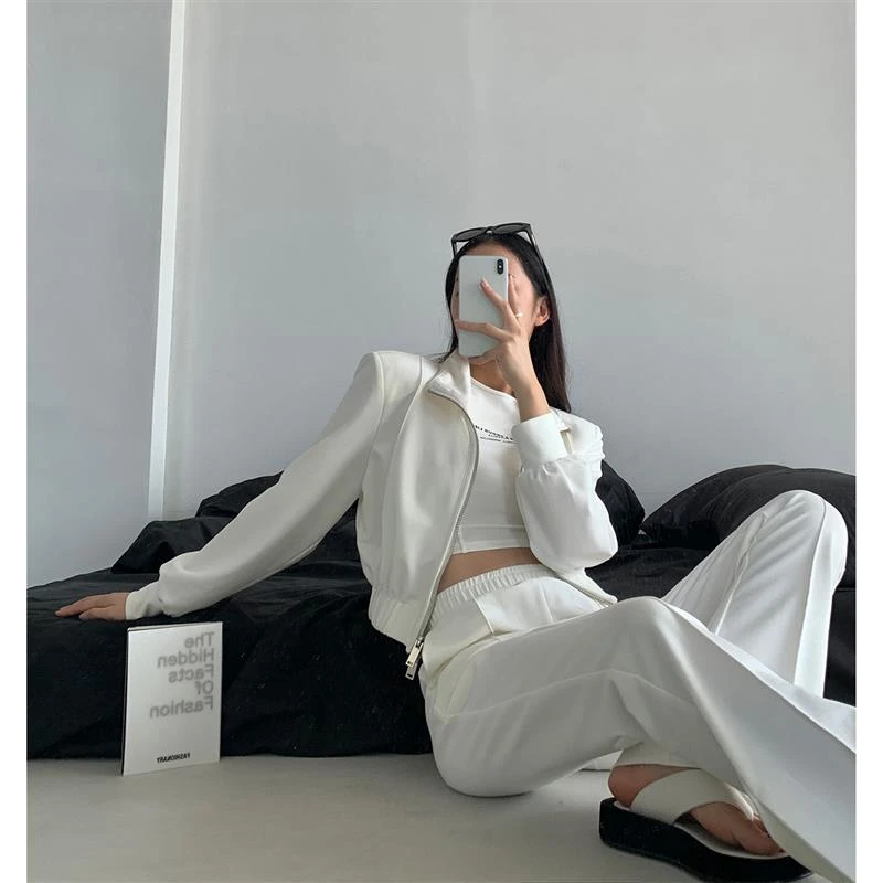 P0916Z2307双拉链宽肩短上衣+开叉微喇高腰直筒裤套装女08.08抖