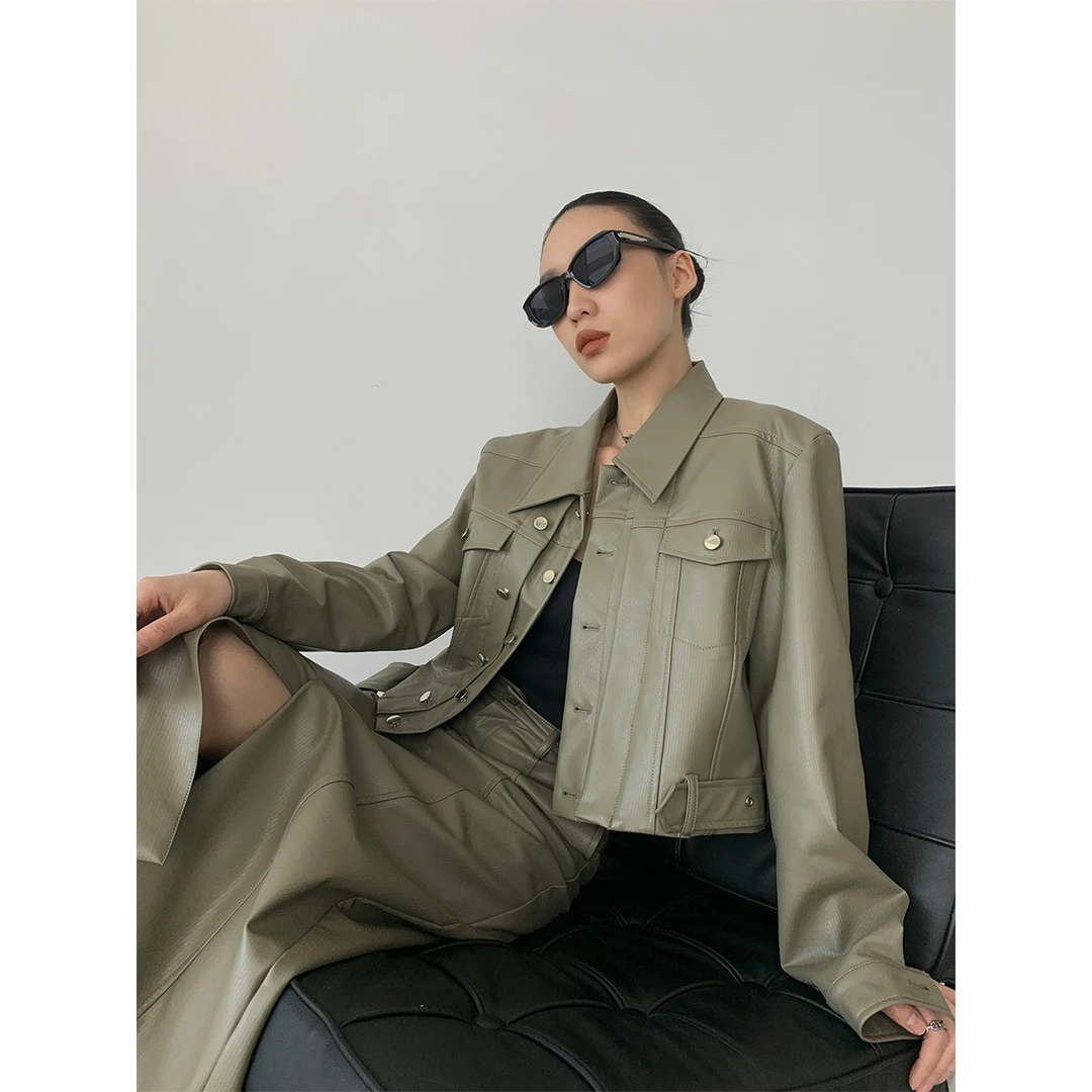 P0304Y2525小众设计款时髦机车风夹克半身裙皮衣套装女 08.02抖