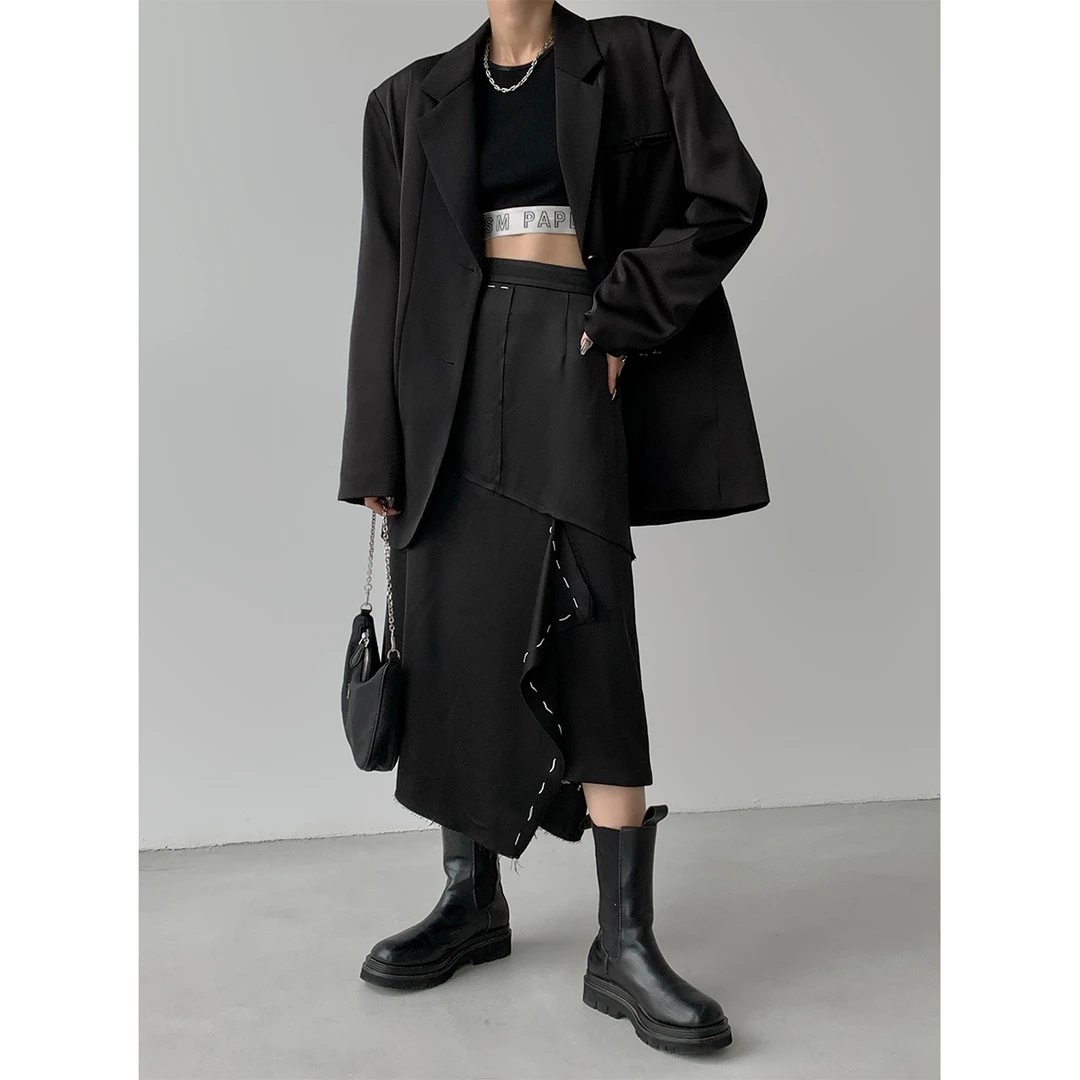 P0712Q2184开衩不规则缎面半身裙女夏拼接高腰长裙08.06抖