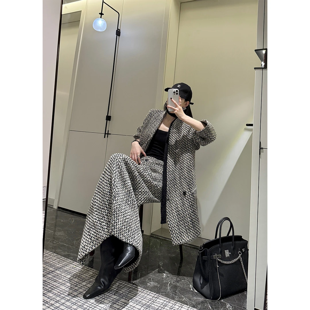 P1126Y3467混色无领毛呢外套+半裙两件套女宽松加厚款08.04抖