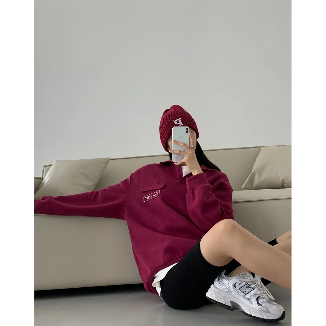 P0822Y2244设计华夫格polo领宽松卫衣直筒卫裤套装女08.08抖