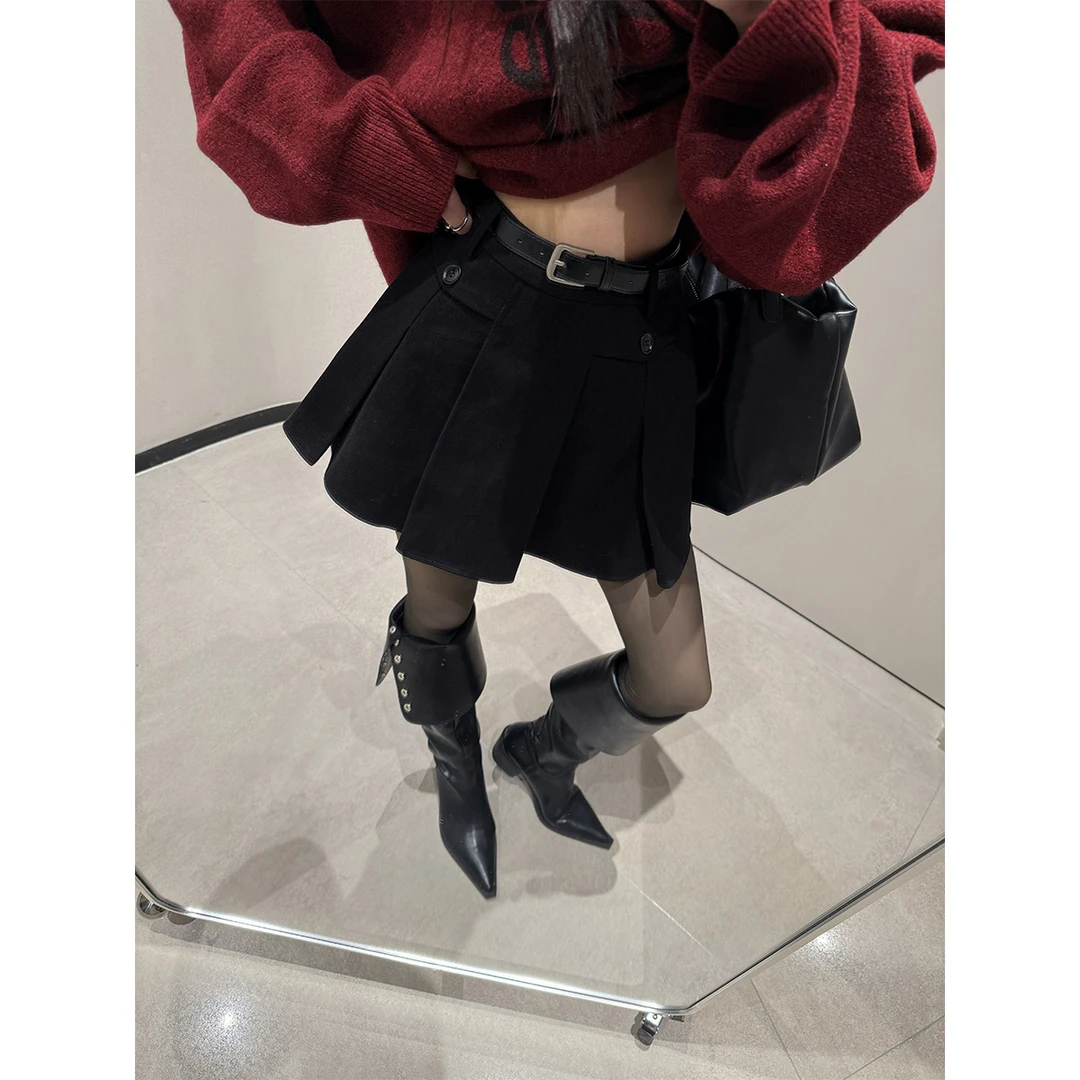 12.09 P1209Q3480 抓绒磨毛压褶A字半裙女短款休闲短裙（配腰带）