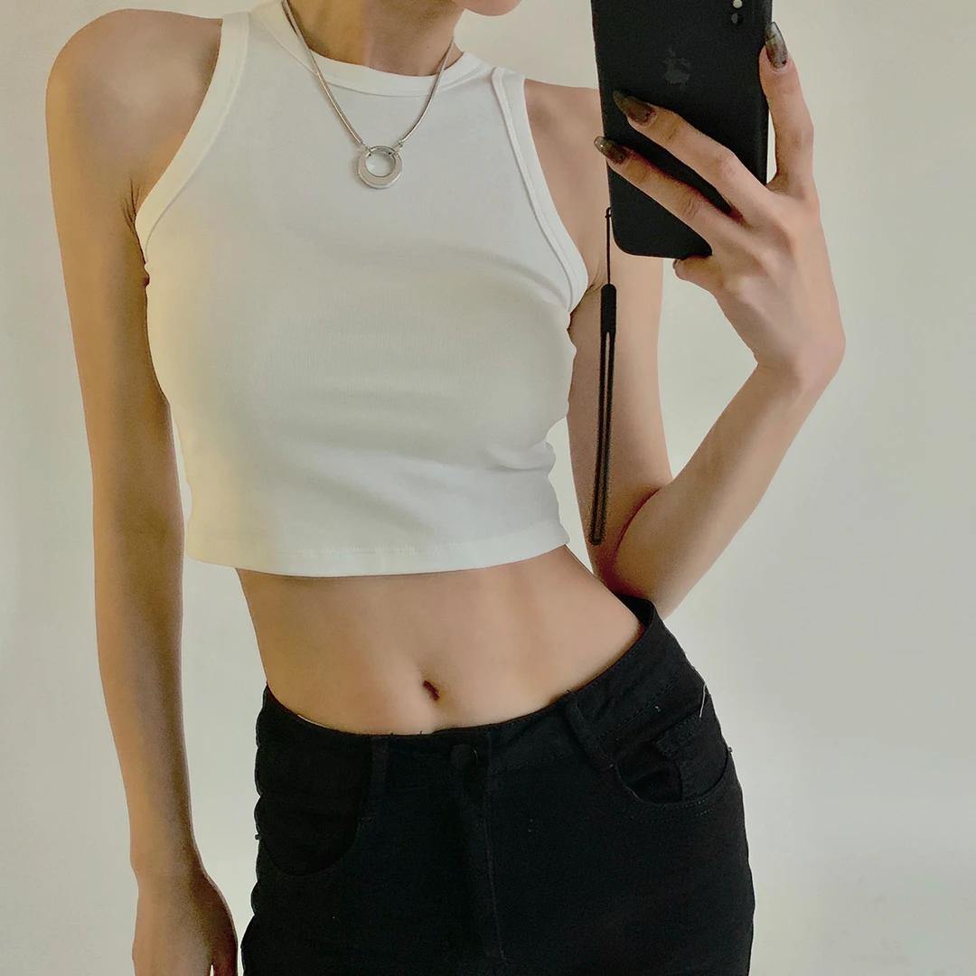 P0412T1373短款咖色吊带小背心女夏内搭遮副乳无袖T恤打底上衣