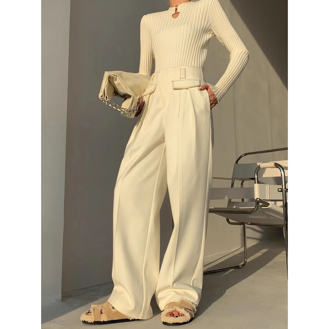 P1031K2360 毛呢阔腿裤秋冬新款不规则撞色线条高腰拖地呢子裤