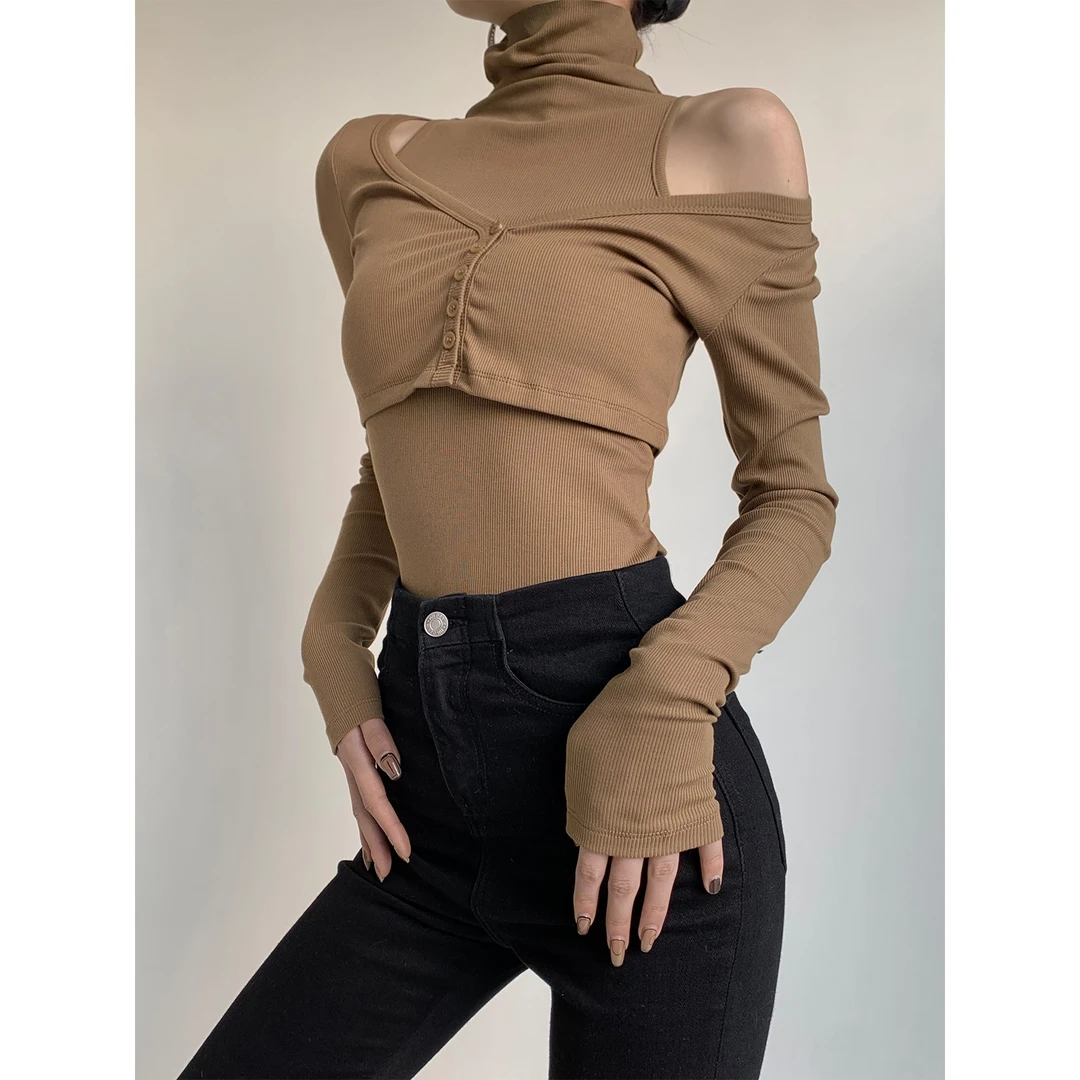 P0304T1958外短内长辣妹高领长袖叠穿开衫+无袖打底两件套女T