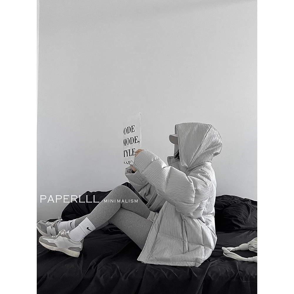 P1009D2883 PAPERLLL压褶连帽立领短款羽绒服设计感洋气秋冬外套