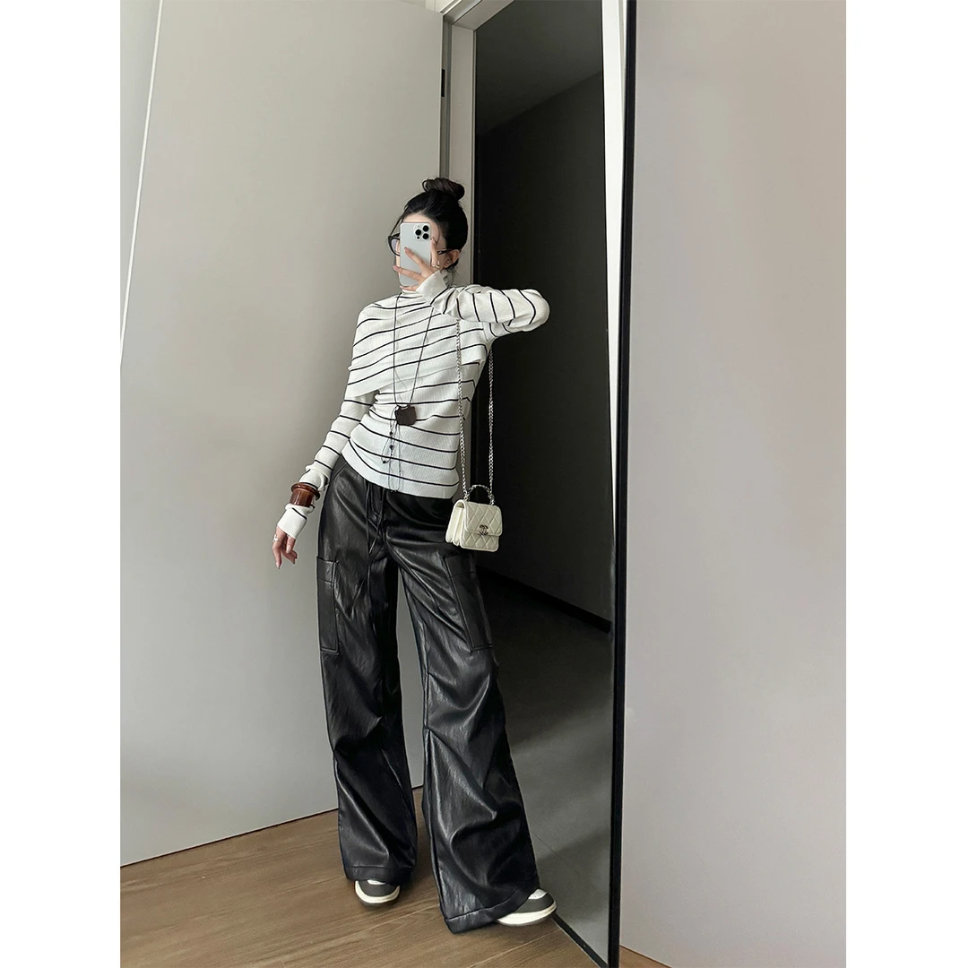 P1008K3383酷飒感工装皮裤女宽松百搭肌理感长裤08.05抖