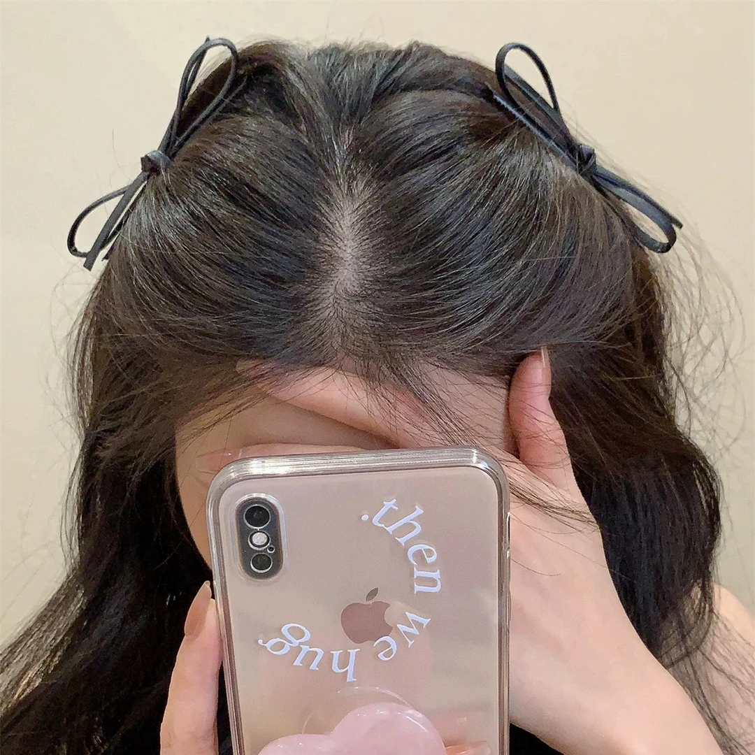 皮质蝴蝶结发夹女简约ins黑色甜酷侧边夹刘海夹发卡边夹发饰头饰