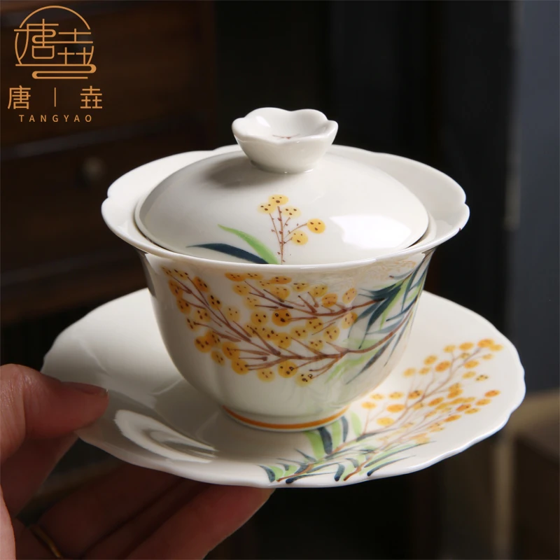 草木灰盖碗茶杯三才碗大号泡茶碗陶瓷茶具手绘敬茶碗中式莲花茶碗