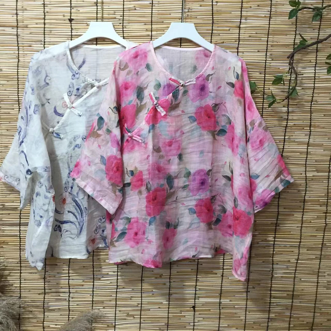 苎麻印花手工盘扣时尚百搭小衫