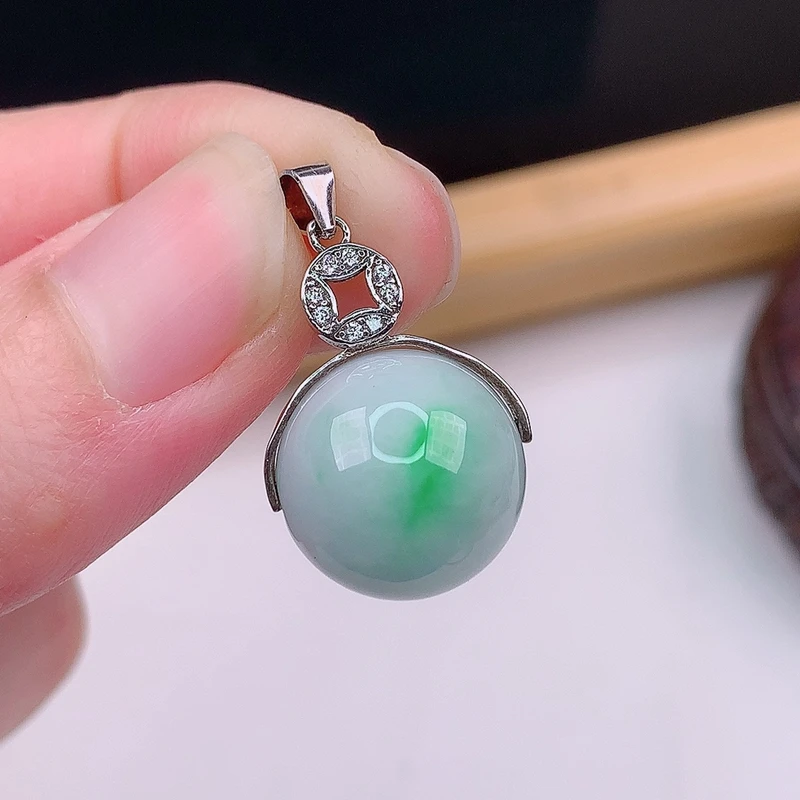 天然缅甸A货翡翠水润飘绿圆珠转运珠吊坠镶嵌925银气质女款5.12克